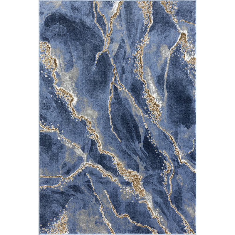 Jasperd Abstract Machine Made Polypropylene Area Rug in Blue/Gold, Rectangle 7'9" x 10'2"