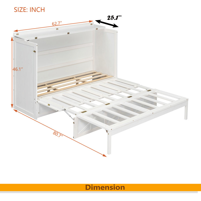 Grand lit escamotable avec grands tiroirs et port USB, Blanc brossé