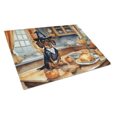 Dachshund Fall Kitchen Pumpkins Glass Cutting Board Large