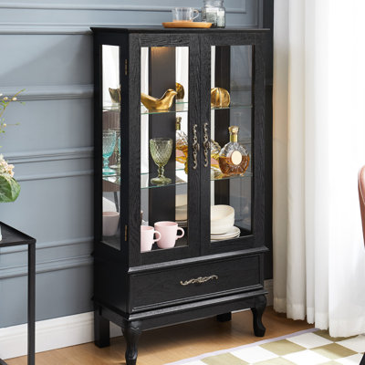 Armoire à vin 2 portes avec système d'éclairage intégré, tablettes réglables, finition noire, tiroir caché et dossier en miroir