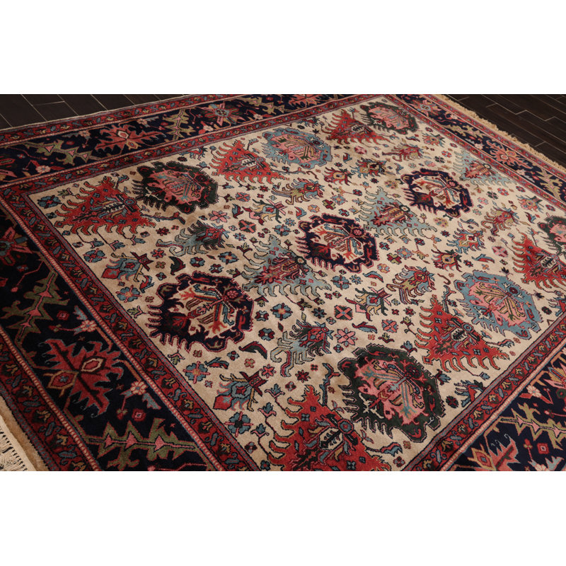 Tapis décoratif beige/bleu marine en laine de conception unique 8 pi x 10 pi 2 po noué à la main