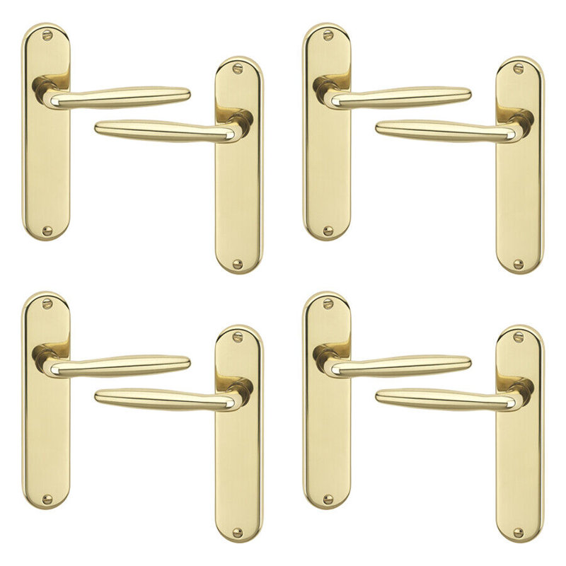 4x Urfic Rouen Metal Lever Latch Door Handles Set Rose Internal & External, Polished Brass Plain