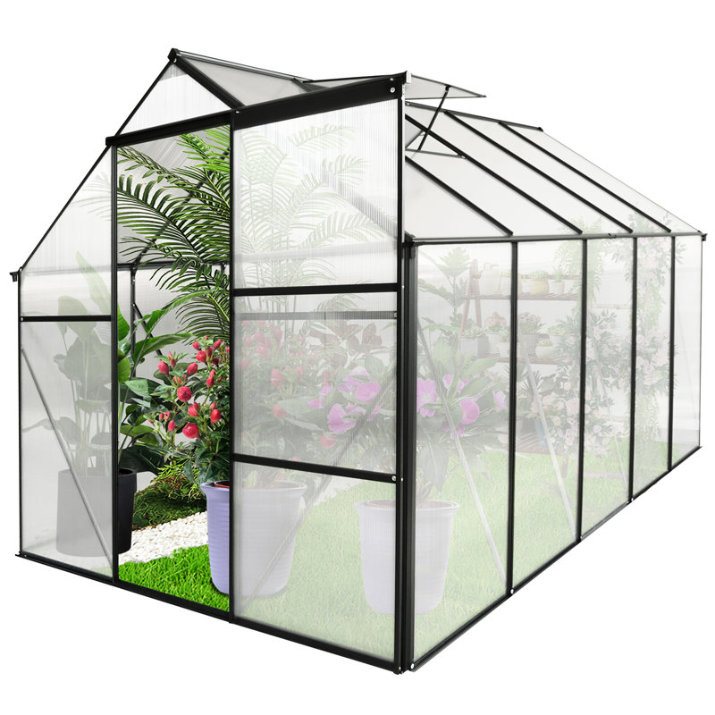 6X12 Ft Polycarbonate Greenhouse For Plants - Black With Efficient Drainage And Spacious Interior Outdoor Walk-In Galvanized Base Efficiency