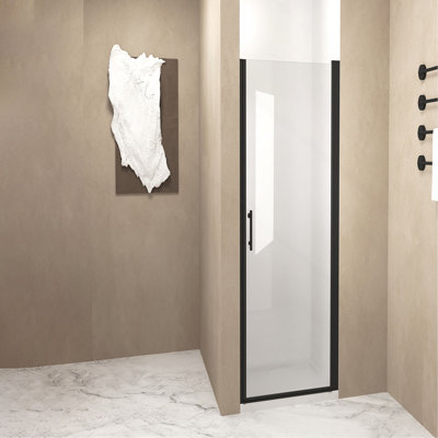 Porte de douche pivotante, cadre en aluminium noir mat, demi-cadre, film en verre trempé antidéflagrant de 1/4 po (6 mm), poignée en acier inoxydable