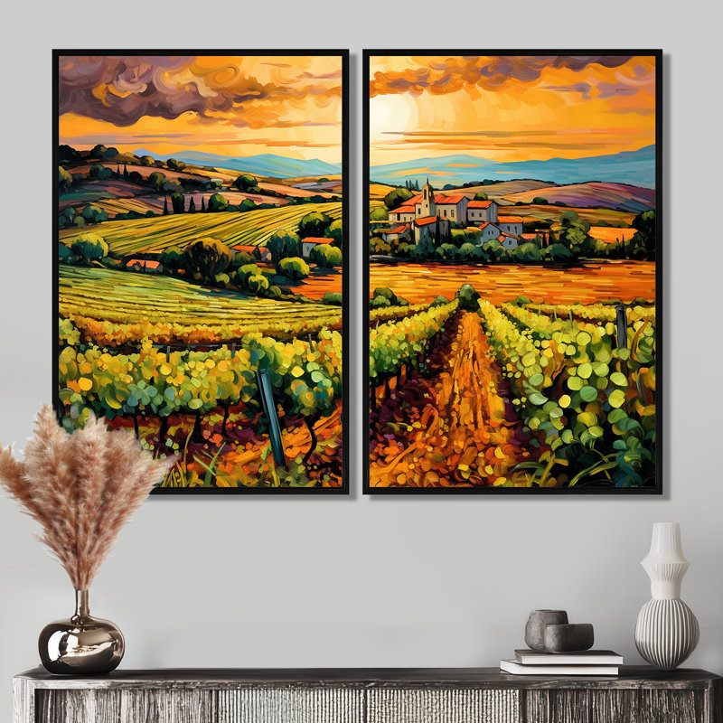 «Vangogh Sunlit Vineyard I», art mural jaune, Floater Framed Print without Mat, Black, 36" H x 48" W