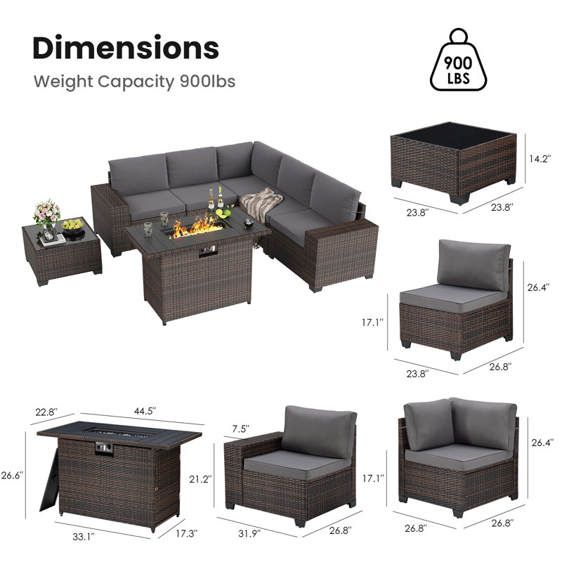 Outdoor Wicker Sectional Conversation Set With Wide Armrest, Gray
