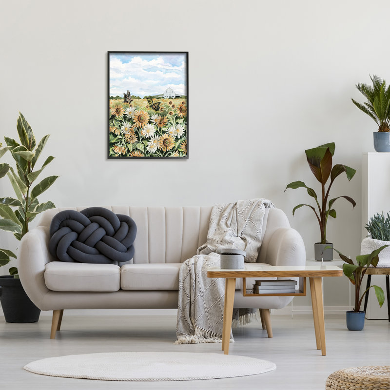 Sunflower Garden with Butterflies Canvas Print in White Frame