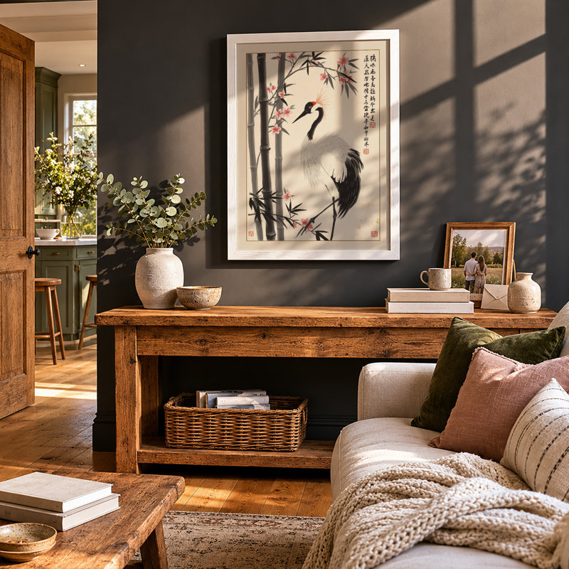 Crane Among Bamboo Japandi - Framed Print, A1 - 84.1 x 59.4 cm, White