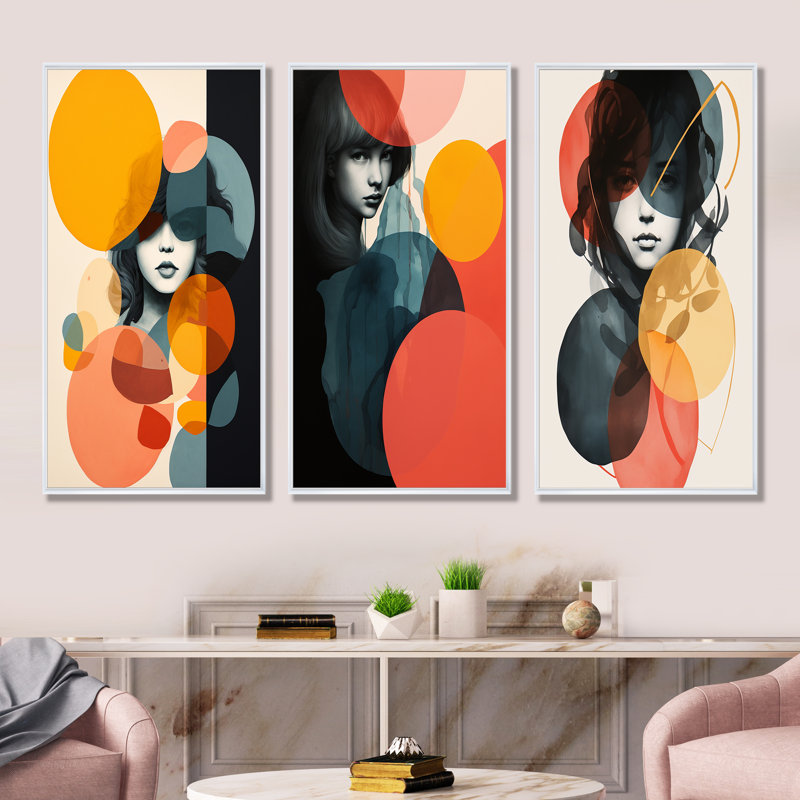 «Woman Portait Collage Fusion Forms I - Abstract Collages», ensemble de 3 décorations murales, Cadre flottant blanc