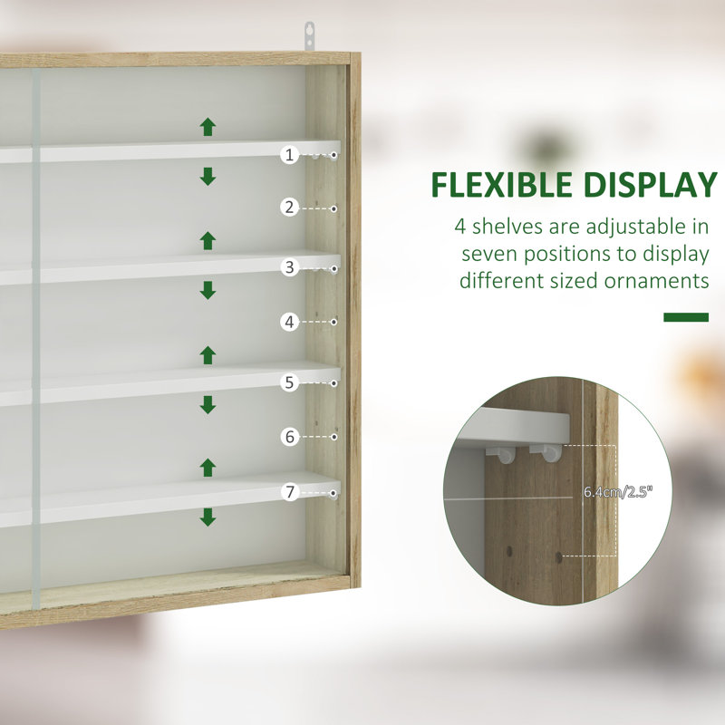 5-Tier Display Cabinet, Glass Door Cabinet with Adjustable Shelves, Wall-Mounted Display Case for Playroom, Bedroom, Oak,wood
