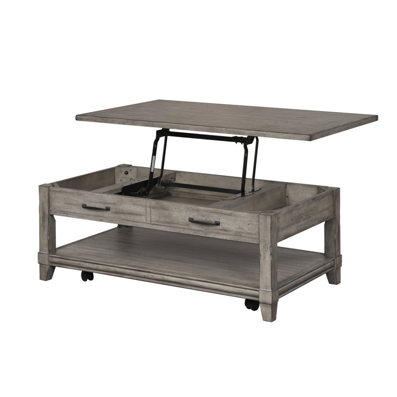 Table basse à plateau relevable avec finition gris rustique pour tablette de rangement - bois massif + maquillage