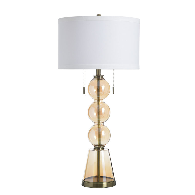 Lampe de table en verre - Cordon doré - Abat-jour blanc