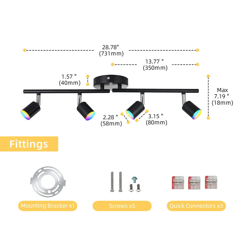 Éclairage sur rail intelligent 4 lumières à DEL RVB, 16 couleurs,