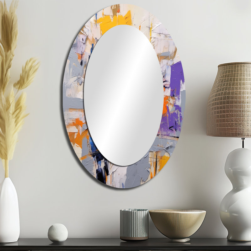 Poétique expressionniste en mauve et orange II - miroir mural ovale moderne, 36 po x 24 po