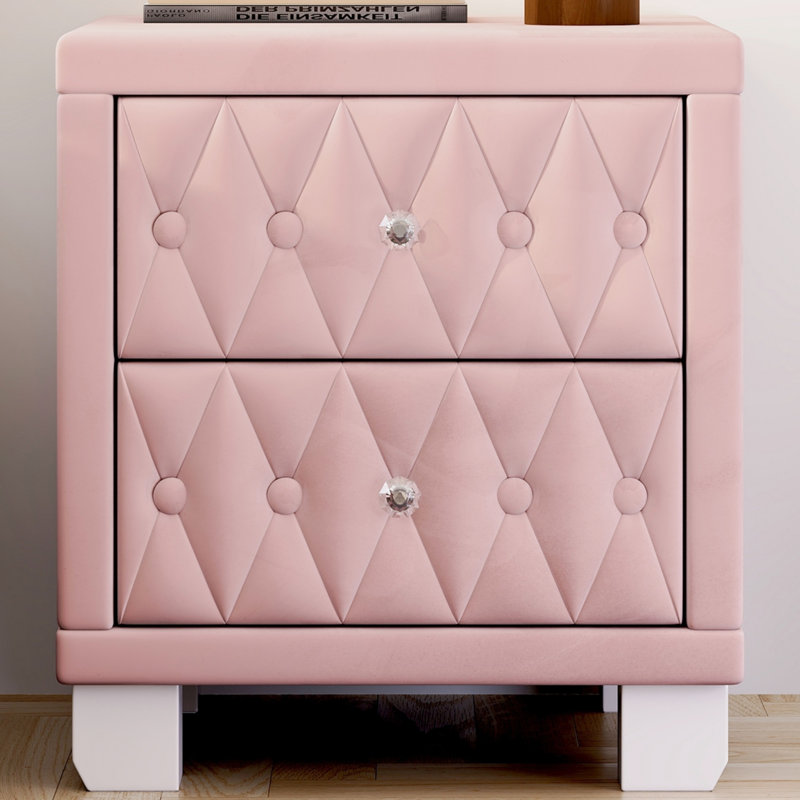 Elegant Velvet Nightstand With 2 Drawers And Crystal Handle, Storage Bedside Table With Button-Tufted Design, Pink