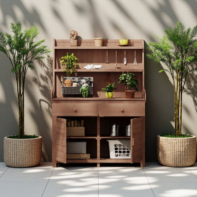Table de jardin en pot 65 pouces, poste de travail en bois de sapin avec tablette de rangement, tiroir et armoire