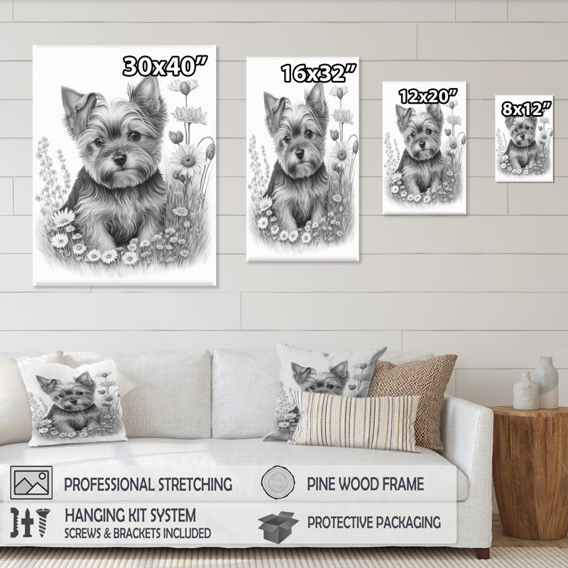 «Cute Yorkshire Dog with Flowers I», reproduction sur toile, L 12 po x H 20 po, Toile tendue