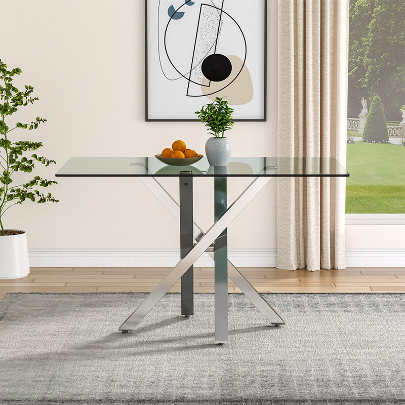 Addicus 130Cm L x 80Cm W Metal and Glass Rectangular Dining Table, Silver/Clear