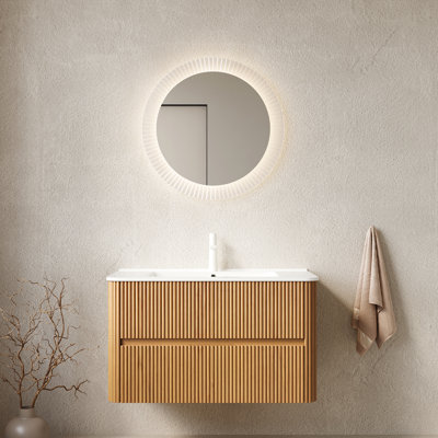 Meuble-lavabo de 36 po avec armoire en contreplaqué flottant en céramique blanche et 2 tiroirs sans robinet pré-assemblé de style moderne avec attrait scandinave