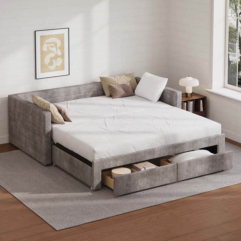 Structure de lit de jour extensible revêtue de chenille avec couchette Draw Tiroirs de rangement, Gris