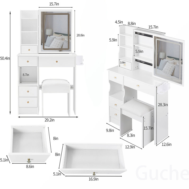 Compact and Functional Vanity Table Set with Advanced Features for Makeup and Dressing, White