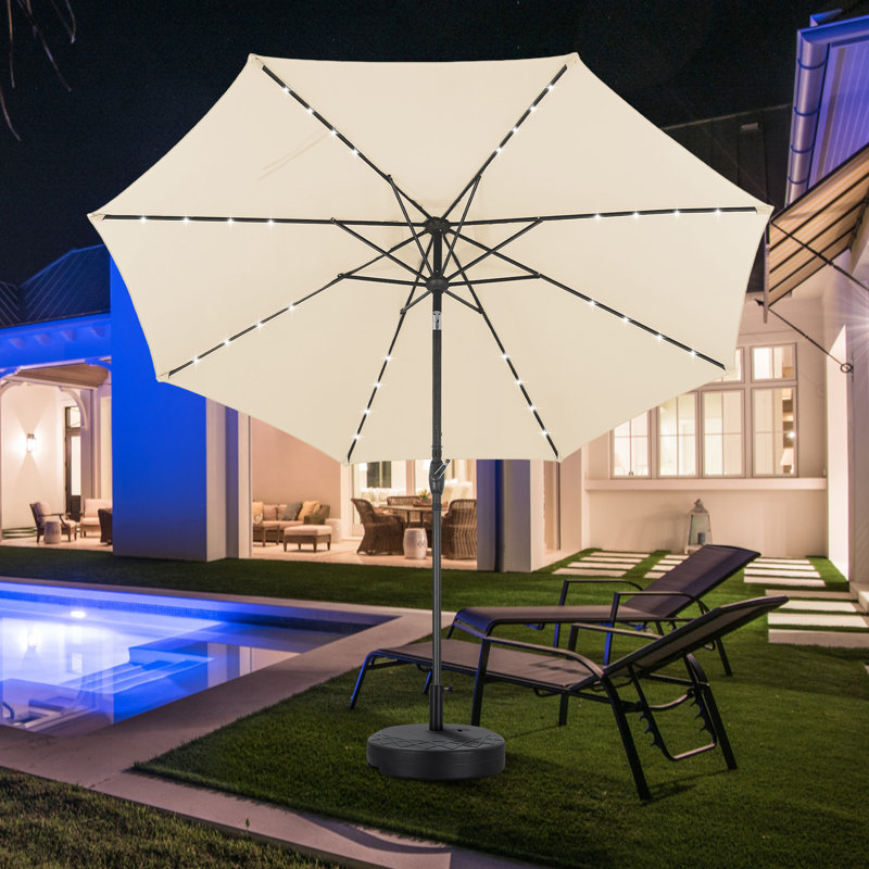 Parasol de terrasse de 3 m avec éclairage, base et moustiquaire., Kaki