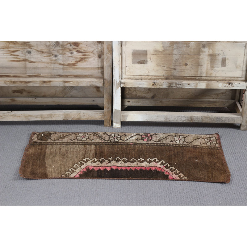 Vintage Turkish Rug in Small Size Featuring Brown Oushak Boho Wool with Door Mat Ethnic Art Nomadic Style for a Rich Home Decor Statement
