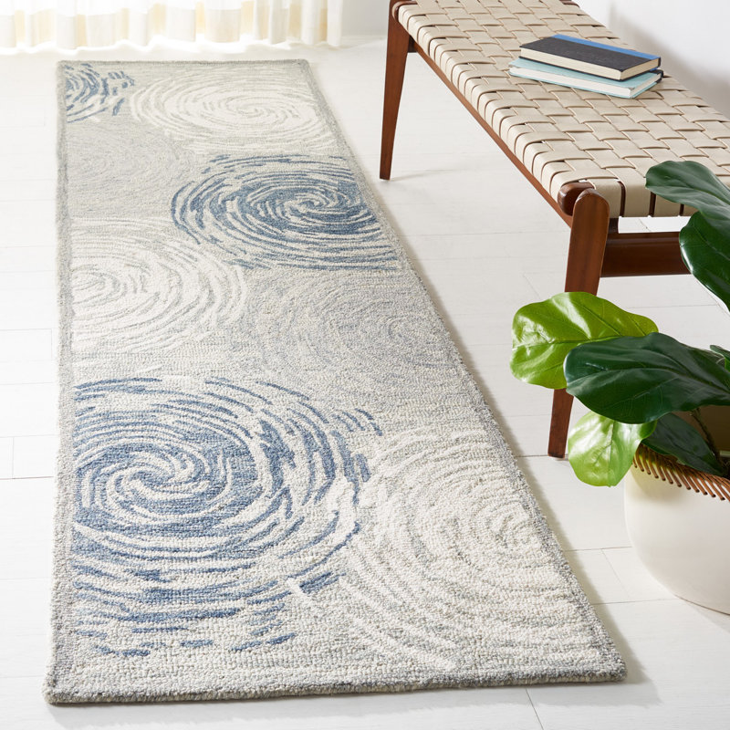 Micro-Loop Hand Tufted Wool/Cotton Geometric Rug in Ivory/Blue, Runner 2'3" x 9'