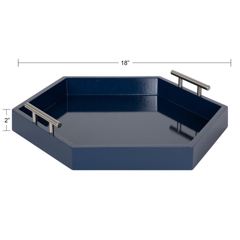 Norvan Hexagon Decorative Tray with Metal Handles, Navy Blue/Silver
