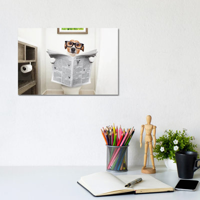 Dog on Toilet Seat Reading Newspaper I 1 Piece Wall Art on Canvas
