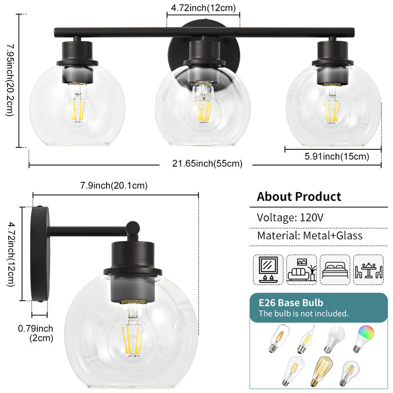 Aanay Dimmable Bathroom Vanity Light, 3, Matte Black