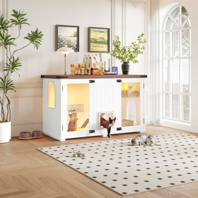 Grande cage à litière pour chat avec lumière DEL, maison de chat avec meubles cachés avec escalier et poteau à griffes, table d'appoint en bois avec portes intelligentes pour le salon, blanc | Idée de cadeau