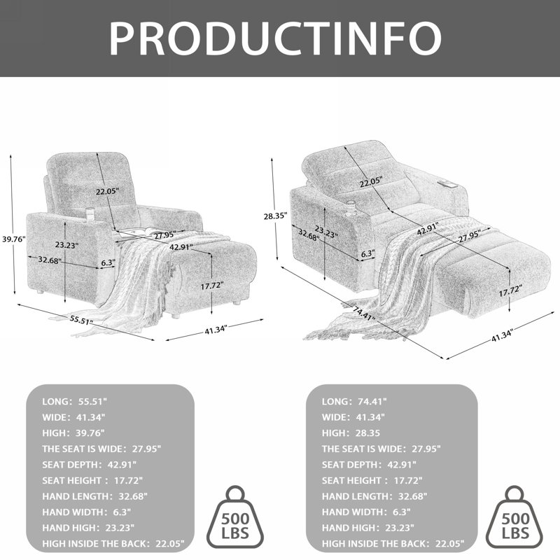 Upholstered Power Reclining Chaise Lounge with Cup Holder and Wireless Charging Function, White 100% Polyester