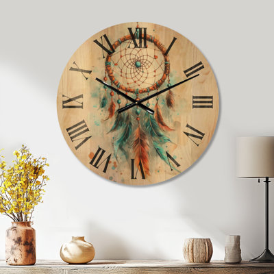 Large Spiritual Silent Wood Wall Clock – Boho Dreamcatcher Dust
