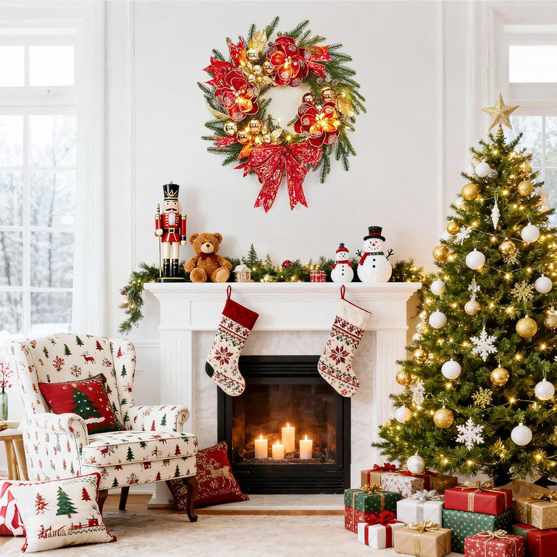 Couronne de Noël pré-éclairée 24 "avec lumières DEL, arc rouge, baies et ornements