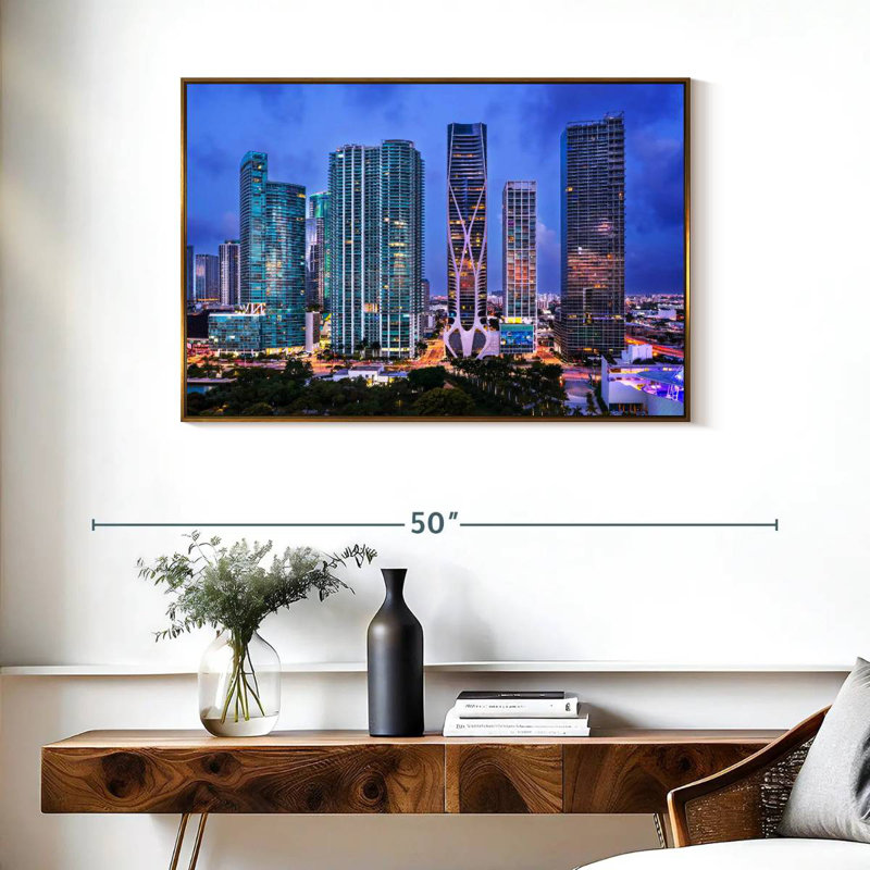 Vue aérienne du centre-ville de Miami, Cadre flottant doré, 37 po x 25 po
