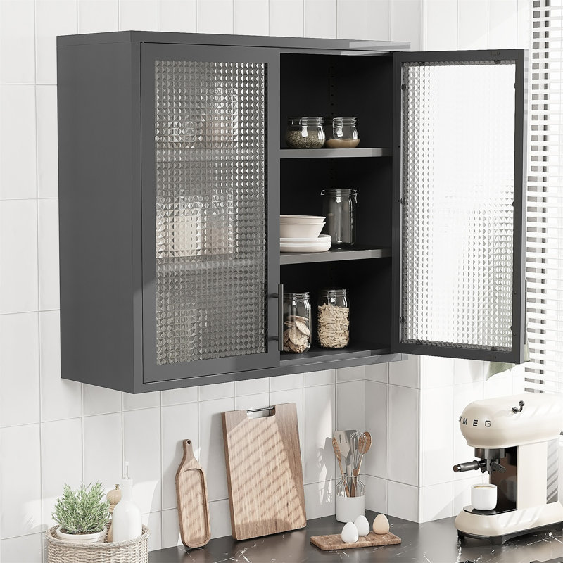 Armoire de rangement murale avec portes en verre et 2 tablettes réglables, Gris