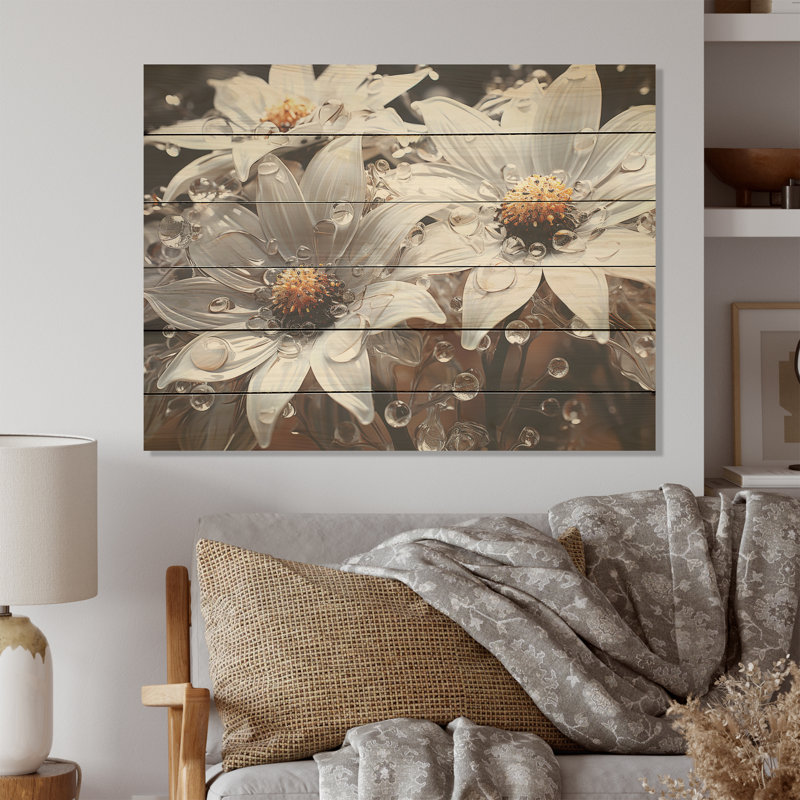 Tournesols blancs transparents à luminescence - tournesols, art sur bois de pin naturel, H 10 po x l 20 po
