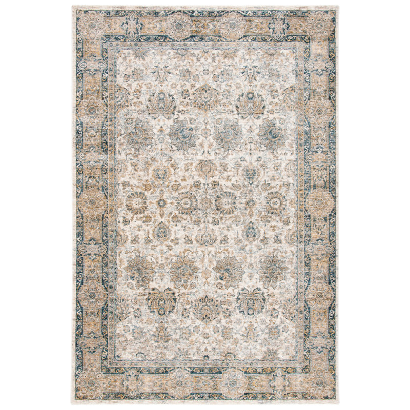 Ivory and Blue Hand-knotted Synthetic Area Rug, 4' x 6'2"