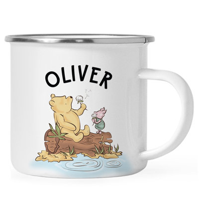 Tasse personnalisée Winnie l'ourson avec nom, tasse de cacao chaude pour enfants, ourson et porcelet tenant des fleurs, cadeau de Noël, acier