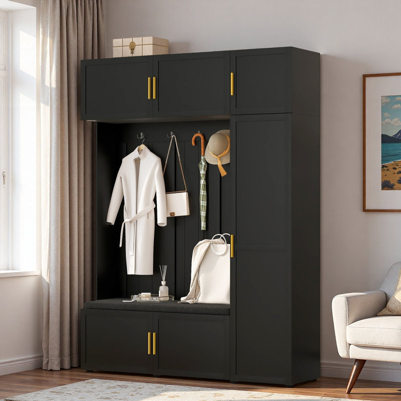 4-in-1 Hall Tree With Padded Bench, 4 Hooks And Multi-tier Storage Shelves, Black