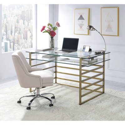 Contemporary Rectangular Writing Desk With Clear Glass Shelf, Antique Gold Metal Base, One Open Compartment Storage Style Featuring Glass, Area