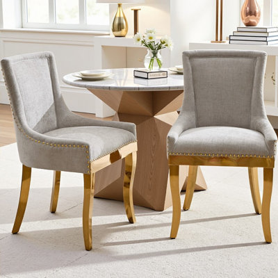 2PCS Modern Dining ChairsChenille Upholstered Accent Seating with GoldPlated Legs Rivet TrimSet of 2