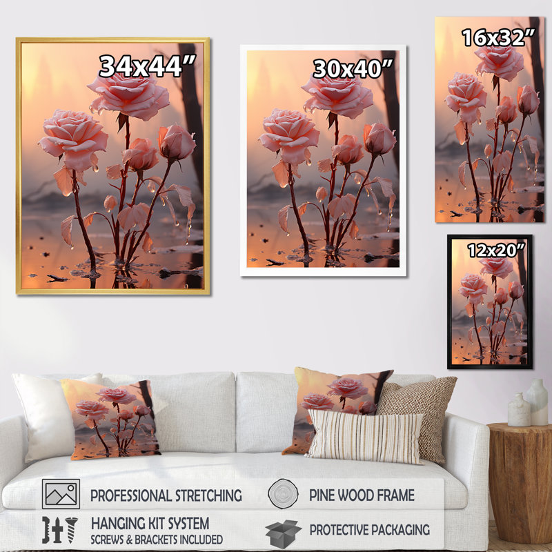 Resilliant Roses Sunlight sur impression sur toile, Cadre flottant noir, H 44 po x l 34 po x P 1,5 po