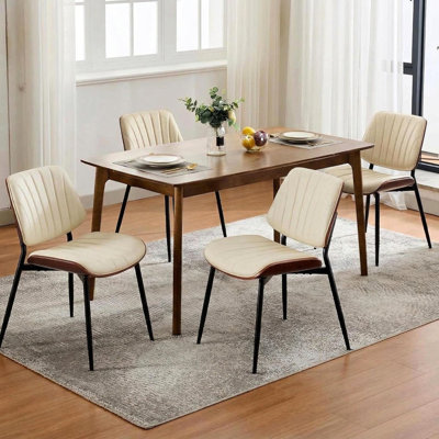 Set of 2 Mid-Century Modern PU Leather Dining Chairs with Walnut Bentwood Back & Metal Legs, Adjustable Feet for Kitchen, Dining Room
