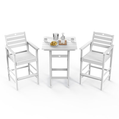 3-Piece Bar Height Patio Table and Chairs Set HDPE Wood Grain Outdoor Bar Table and Chairs with Heart Cutout Design by Red Barrel Studio