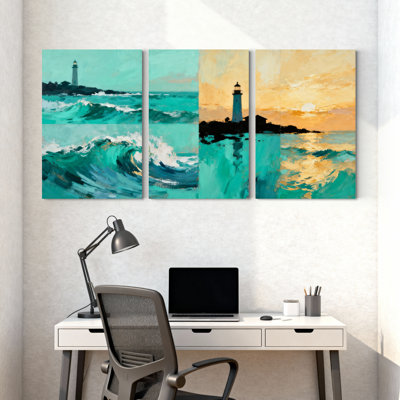 Nautique et plage, océan, vagues, phare, coucher de soleil, ciel, réflexions, ensemble de 3 impressions sur toile