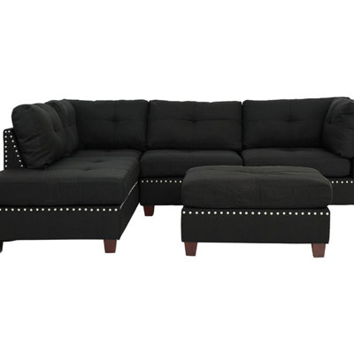 3 pièces Canapé modulaire en polyfibre noir avec méridienne réversible