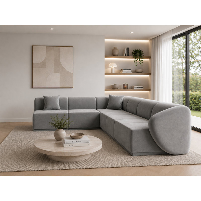 6 Seater Velvet Sofa & Chaise, Grey Velvet