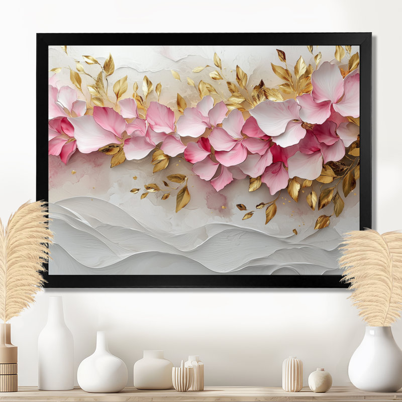 Or rose, veines élégantes de pétales de fleurs I - fleurs abstraites sur toile, H 24 po x l 32 po, Avec cadre, Blanc